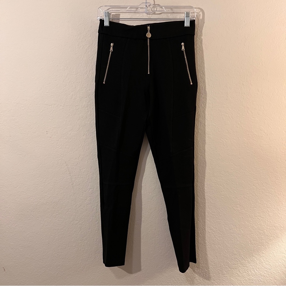 Zara Black Moto Skinny Legging Pants Gold Zipper Detail Size M Stretch Pants EUC